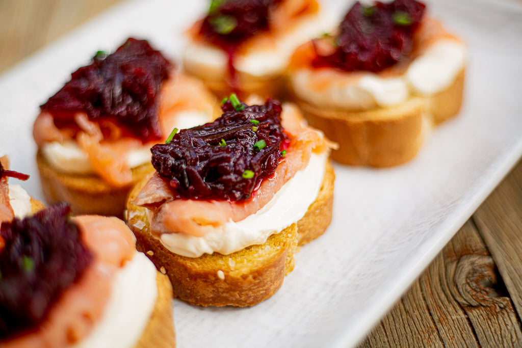 Smoked Salmon Crostini with Cream Cheese & Beetroot and Gin Relish