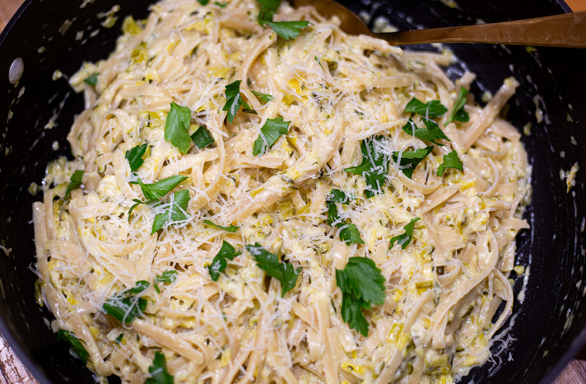 Alfredo Spaghetti Pasta with Jammy Leek & Zucchini – The Homestead ...