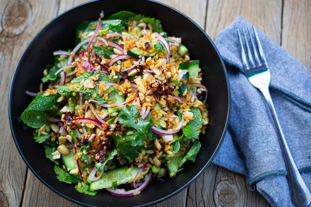 Crispy Thai Red Rice Salad (Nam Khao Tod)