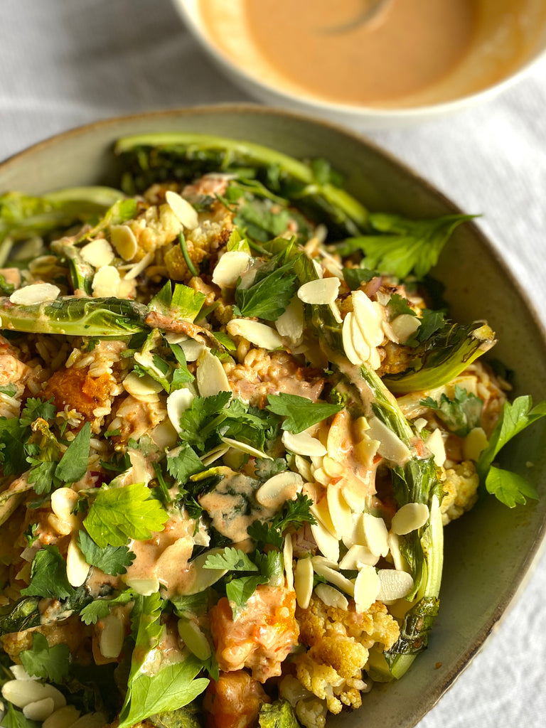 Warm Pumpkin, Cauliflower & Brown Rice Salad with Rose Harissa Dressing